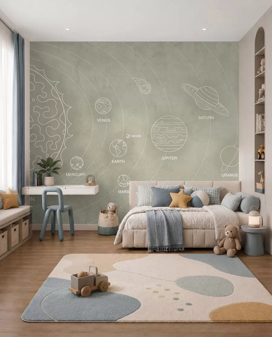 murais de parede Sistema solar num estilo minimalista sobre um fundo texturado bege fresco w02344