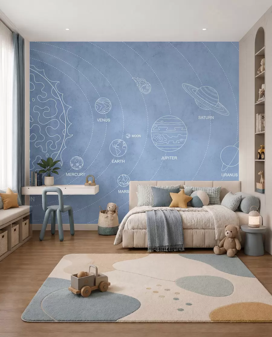 murais de parede Sistema solar num estilo minimalista sobre um fundo azul texturado w02344v1