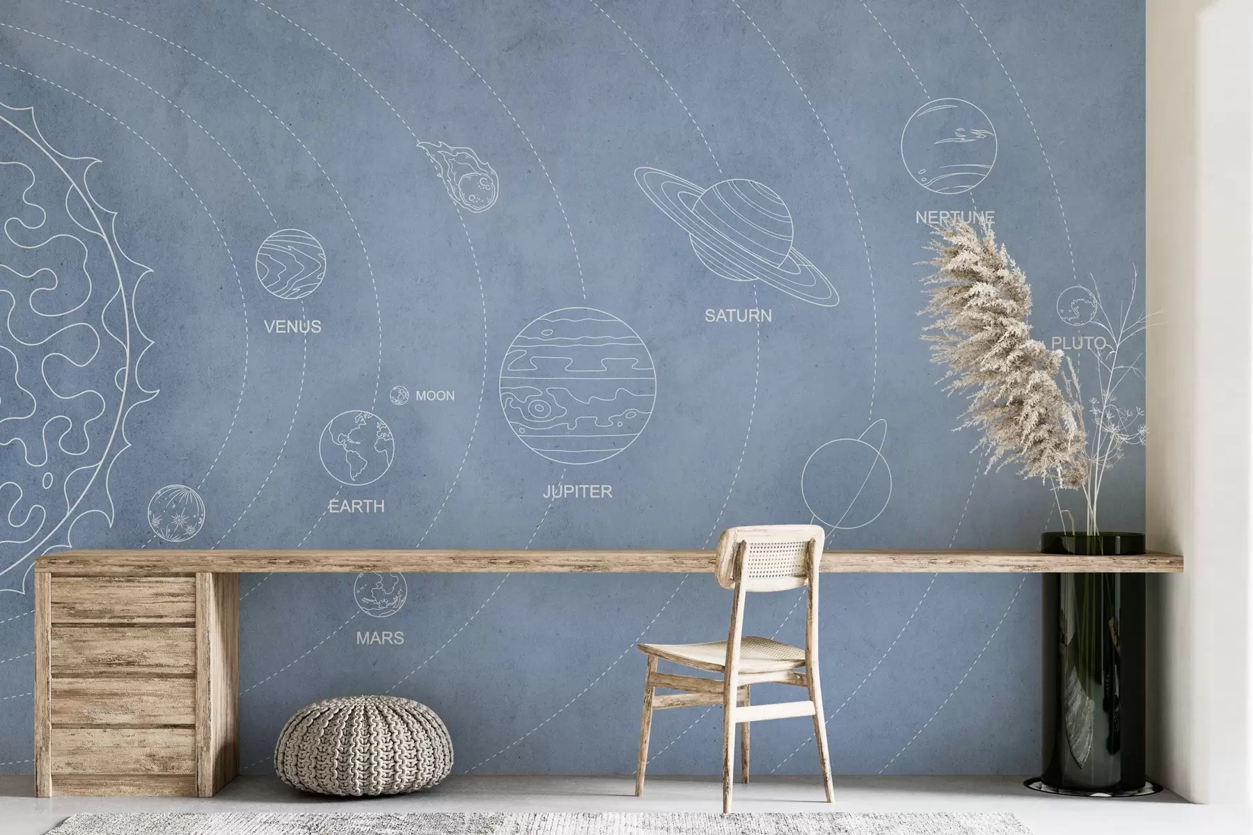 murais de parede Sistema solar num estilo minimalista sobre um fundo azul texturado w02344v1