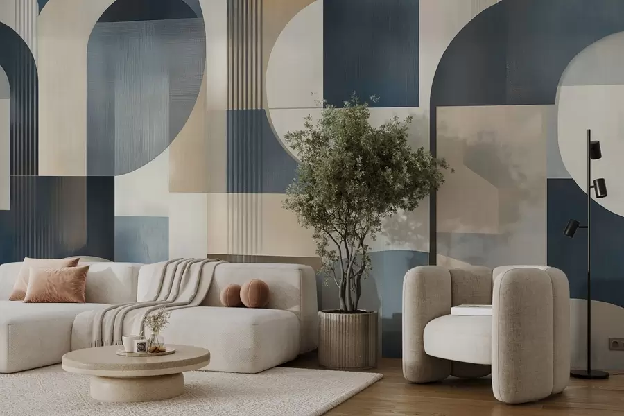murais de parede Papel de parede Art Deco com um padrão geométrico em tons de azul, bege e leitoso w02346