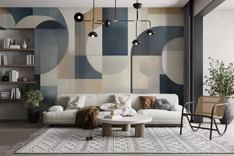 murais de parede Papel de parede Art Deco com um padrão geométrico em tons de azul, bege e leitoso w02346