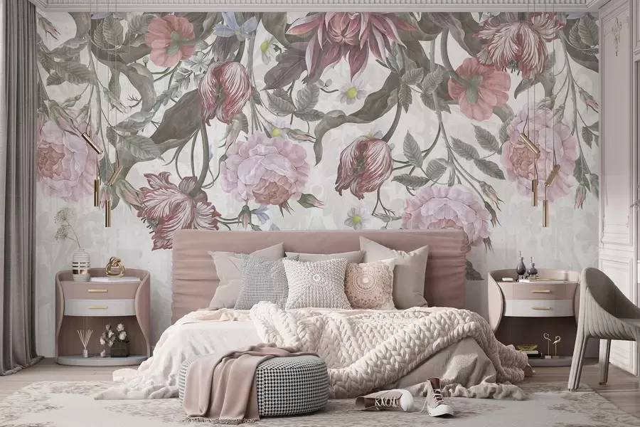 murais de parede Um arranjo floral exuberante com grandes flores cor-de-rosa e brancas, com folhas e caules verdes  w08435