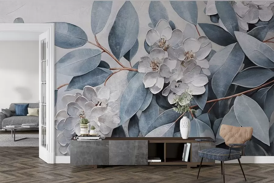 murais de parede Delicadas flores brancas com folhas verde-acinzentadas sobre um fundo suave e discreto em estilo de pintura a óleo  w08437