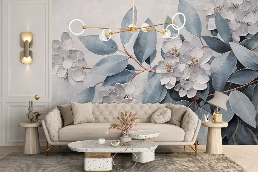 murais de parede Delicadas flores brancas com folhas verde-acinzentadas sobre um fundo suave e discreto em estilo de pintura a óleo  w08437