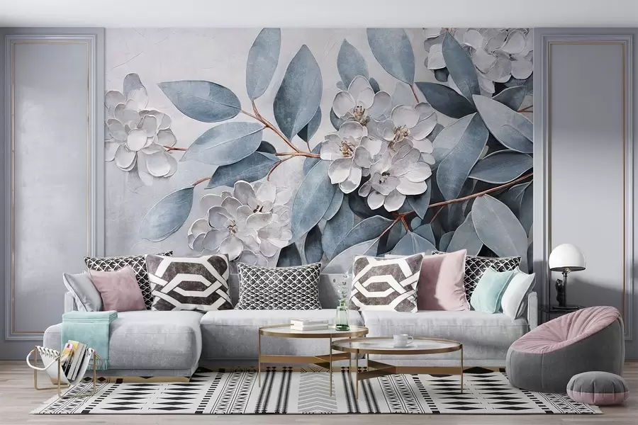 murais de parede Delicadas flores brancas com folhas verde-acinzentadas sobre um fundo suave e discreto em estilo de pintura a óleo  w08437