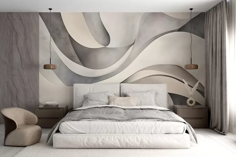 murais de parede Formas curvas em branco, bege e cinzento, criando uma impressão minimalista moderna abstrata e textural  w08439