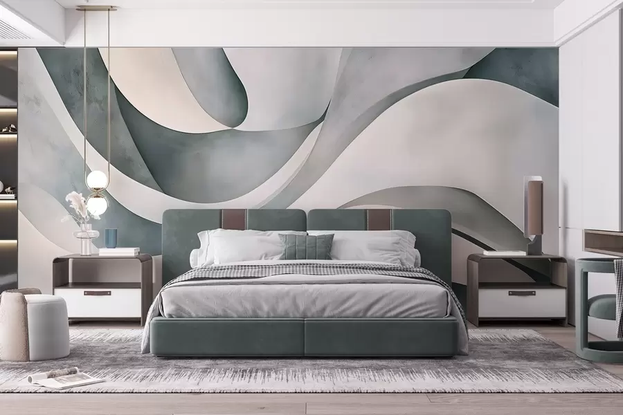 murais de parede Formas curvas brancas, azuis e cinzentas, criando uma impressão minimalista moderna e textural abstrata  w08439v1