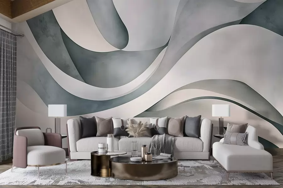 murais de parede Formas curvas brancas, azuis e cinzentas, criando uma impressão minimalista moderna e textural abstrata  w08439v1