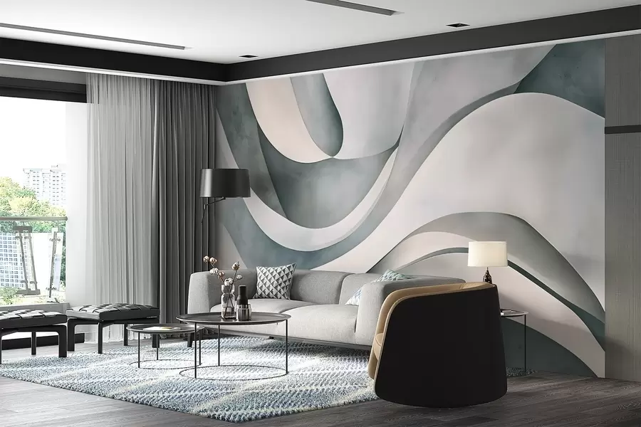 murais de parede Formas curvas brancas, azuis e cinzentas, criando uma impressão minimalista moderna e textural abstrata  w08439v1