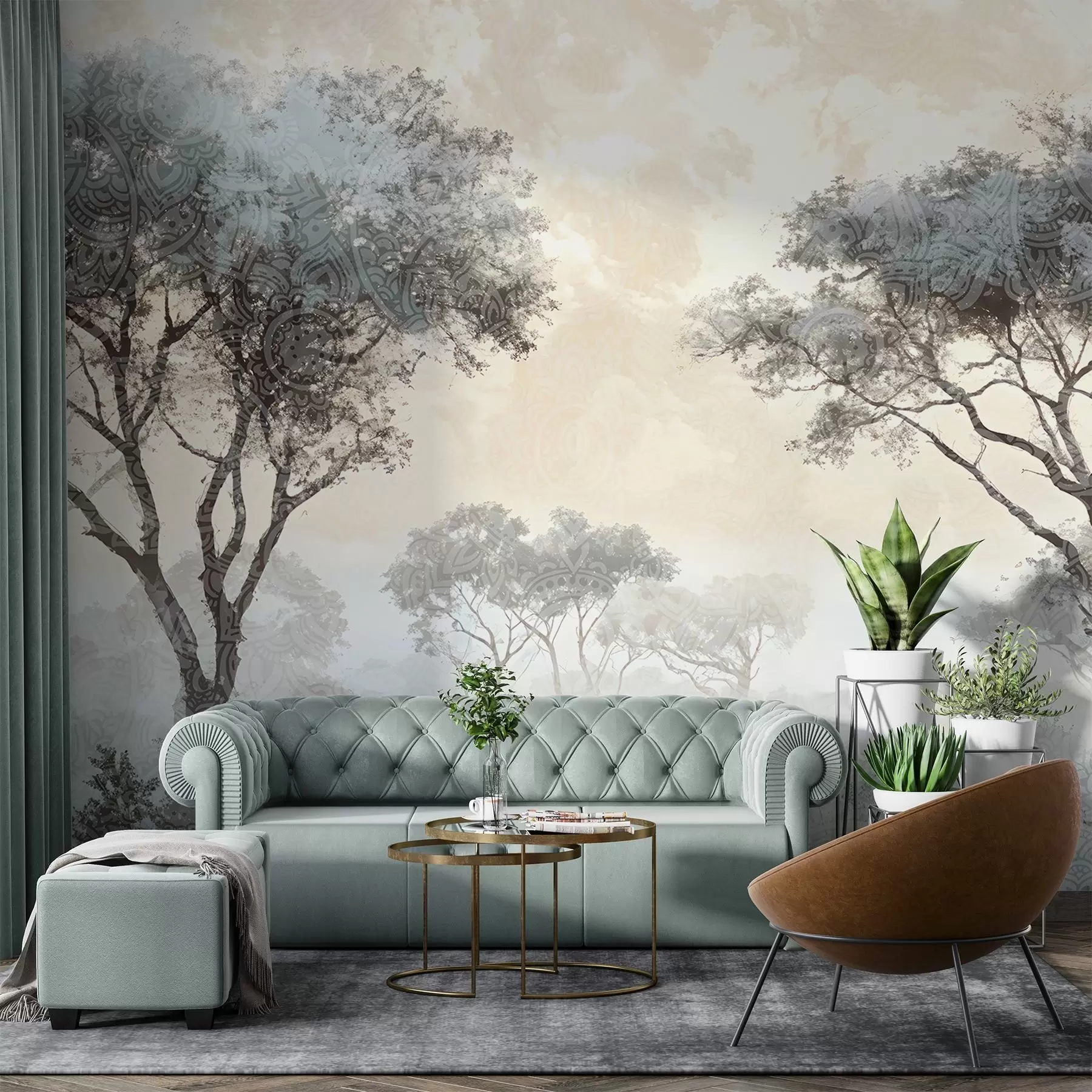 murais de parede Uma paisagem serena e enevoada com árvores em silhueta em primeiro plano e um nevoeiro suave em tons de cinzento e bege w08442v1