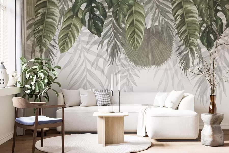 murais de parede Folhas tropicais em tons de verde, incluindo grandes folhas de monstera e folhas de palmeira sobre fundo branco w08443