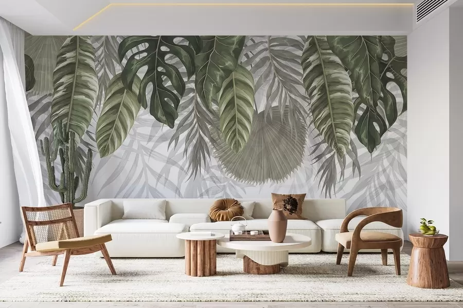 murais de parede Folhas tropicais em tons de verde, incluindo grandes folhas de monstera e folhas de palmeira sobre fundo branco w08443