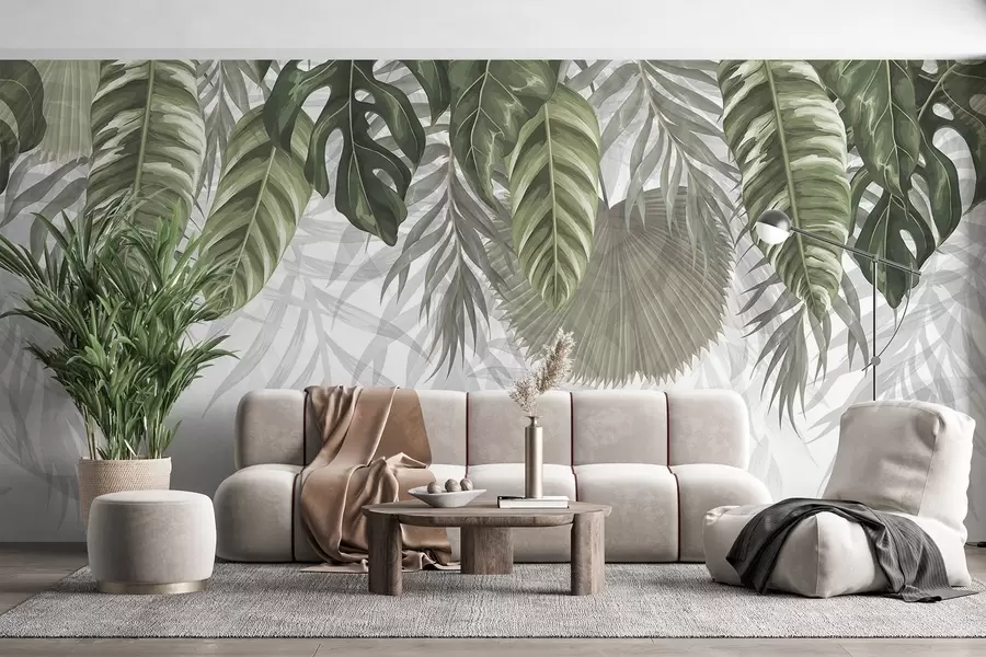 murais de parede Folhas tropicais em tons de verde, incluindo grandes folhas de monstera e folhas de palmeira sobre fundo branco w08443