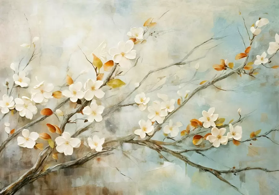 murais de parede Flores de cerejeira brancas em ramos sobre um fundo azul e verde suave em estilo de pintura a óleo w08444