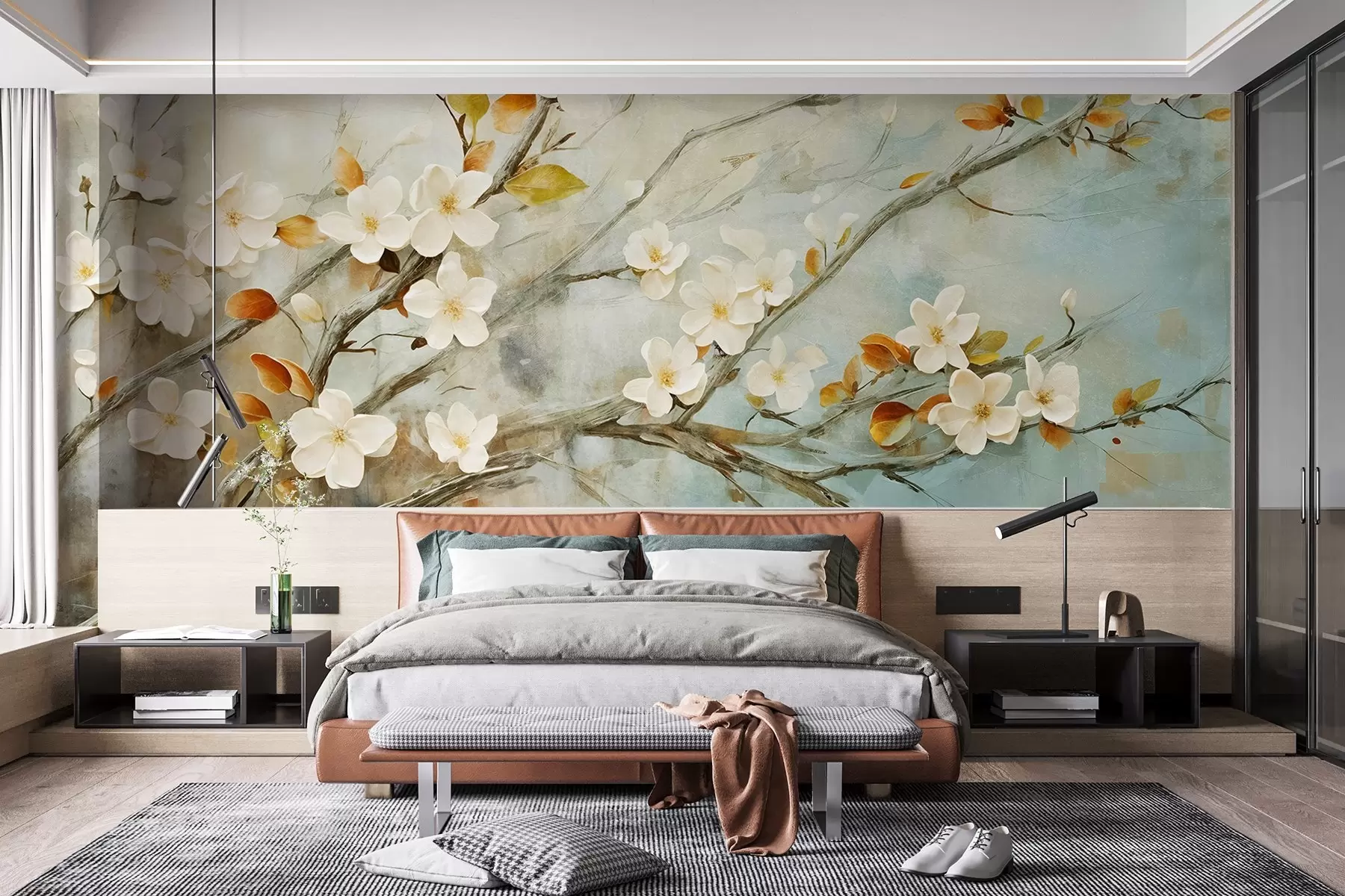 murais de parede Flores de cerejeira brancas em ramos sobre um fundo azul e verde suave em estilo de pintura a óleo w08444