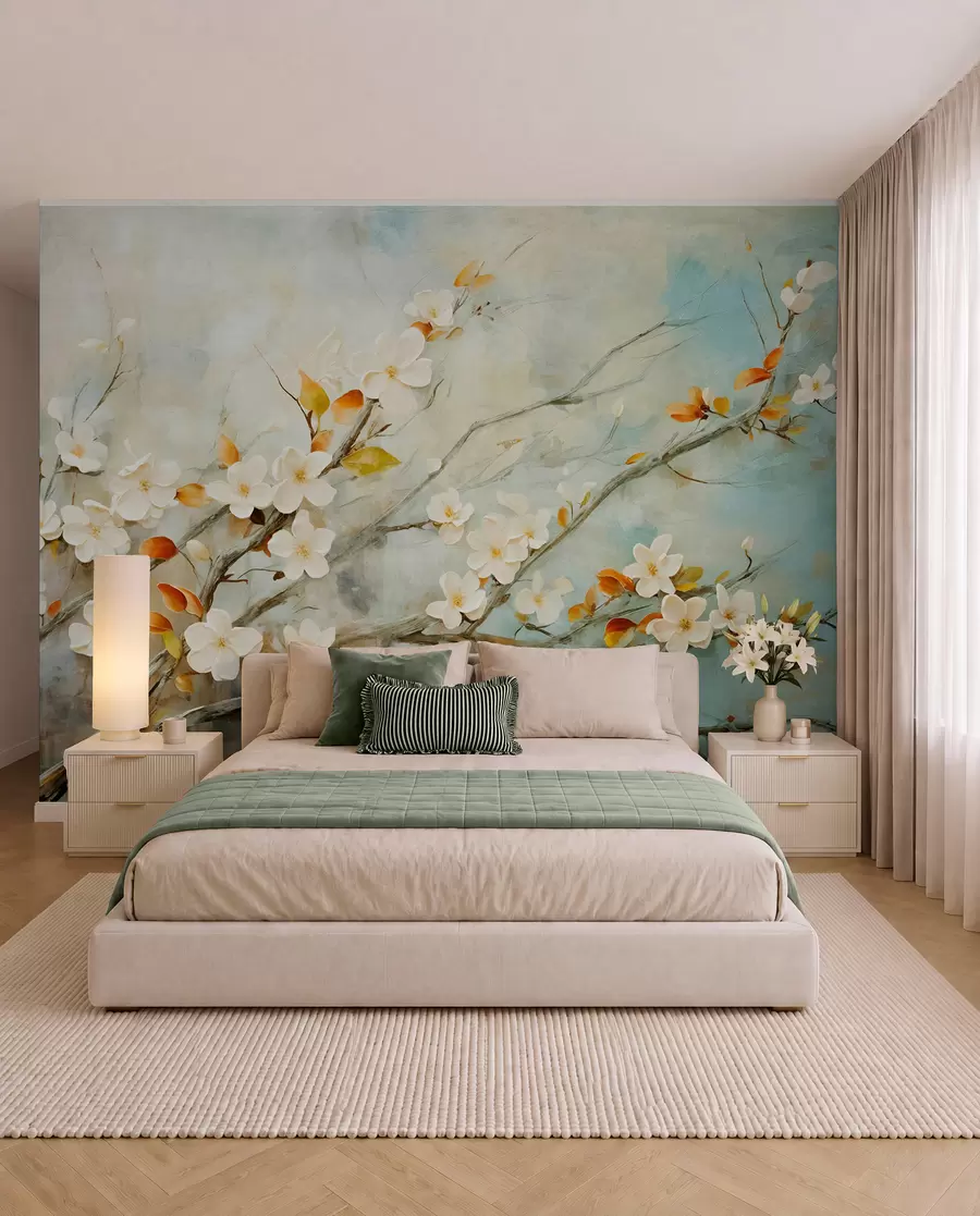 murais de parede Flores de cerejeira brancas em ramos sobre um fundo azul e verde suave em estilo de pintura a óleo w08444