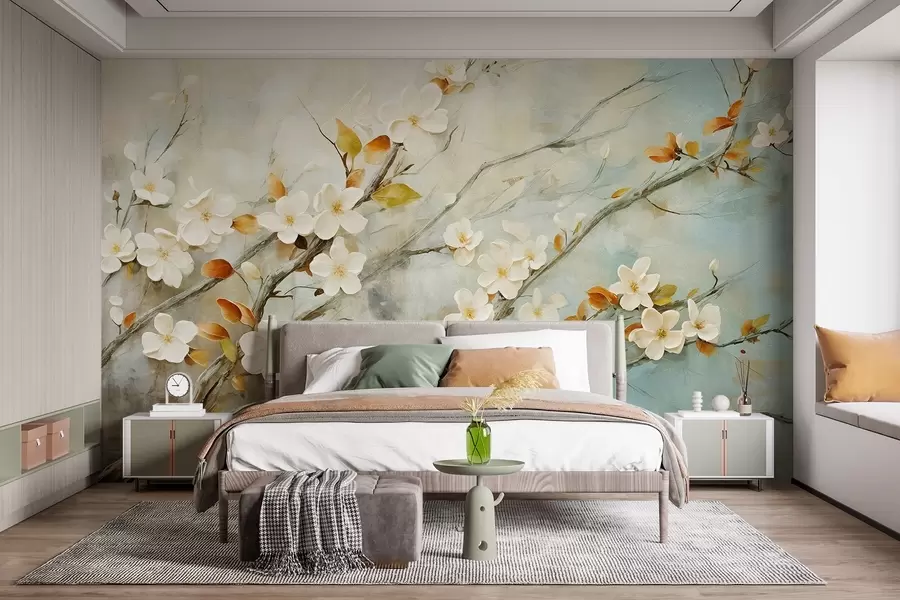 murais de parede Flores de cerejeira brancas em ramos sobre um fundo azul e verde suave em estilo de pintura a óleo w08444