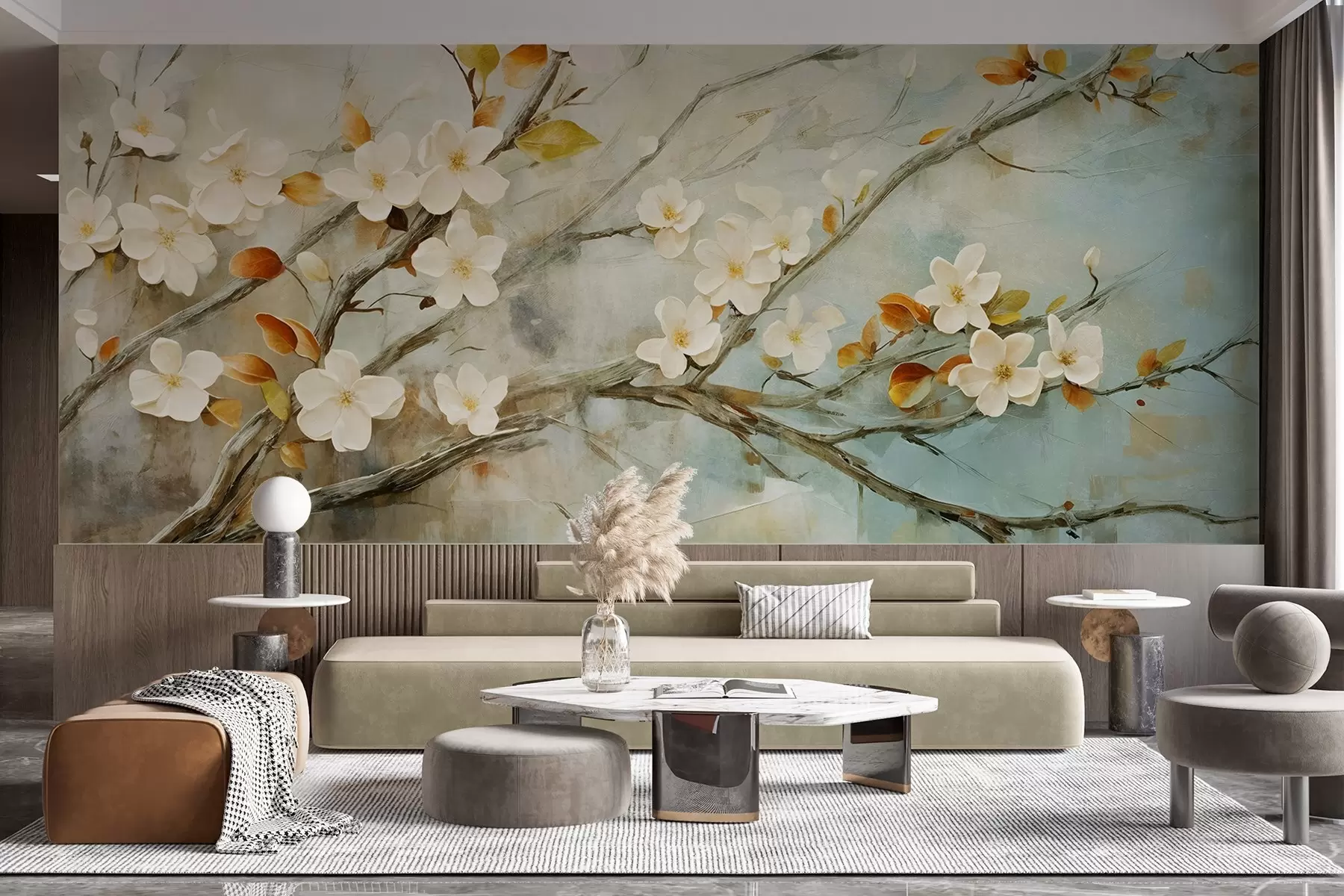 murais de parede Flores de cerejeira brancas em ramos sobre um fundo azul e verde suave em estilo de pintura a óleo w08444