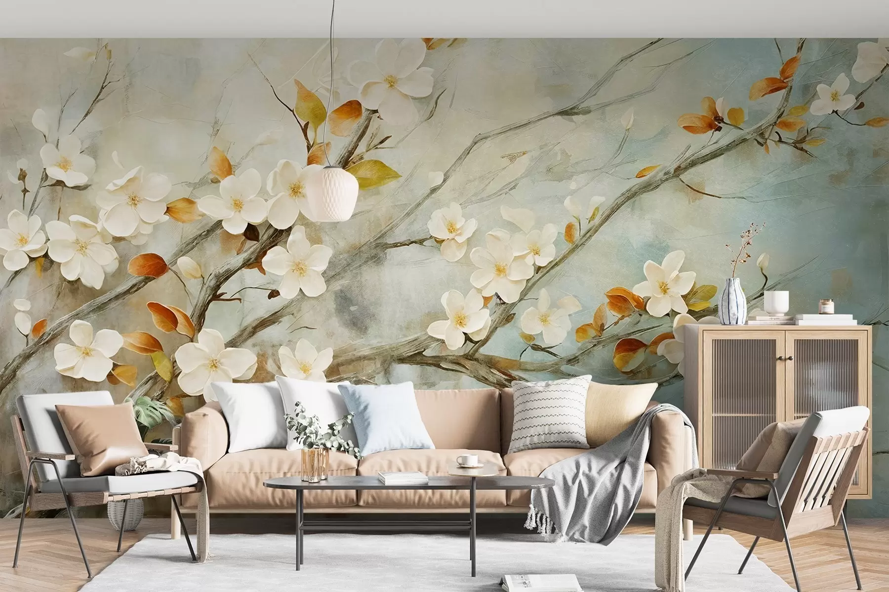 murais de parede Flores de cerejeira brancas em ramos sobre um fundo azul e verde suave em estilo de pintura a óleo w08444