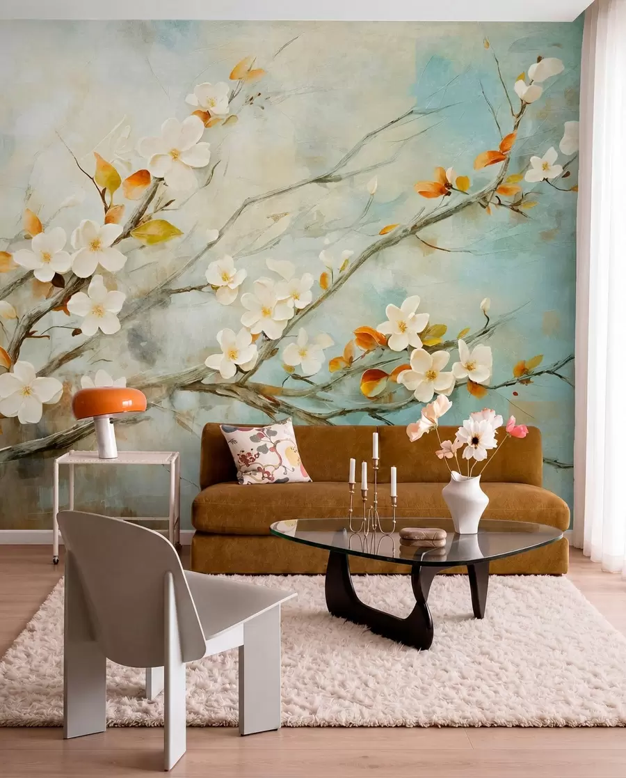 murais de parede Flores de cerejeira brancas em ramos sobre um fundo azul e verde suave em estilo de pintura a óleo w08444
