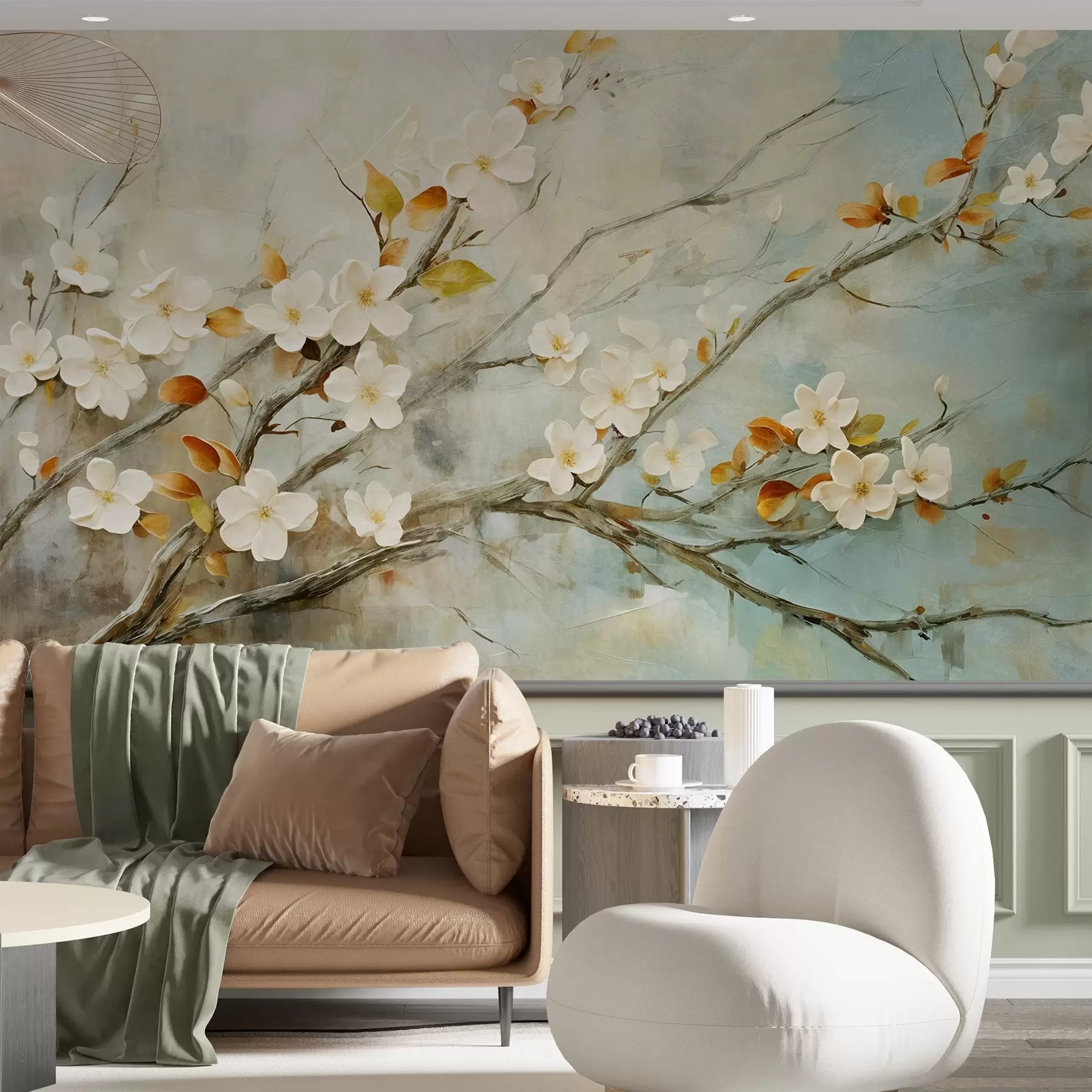 murais de parede Flores de cerejeira brancas em ramos sobre um fundo azul e verde suave em estilo de pintura a óleo w08444