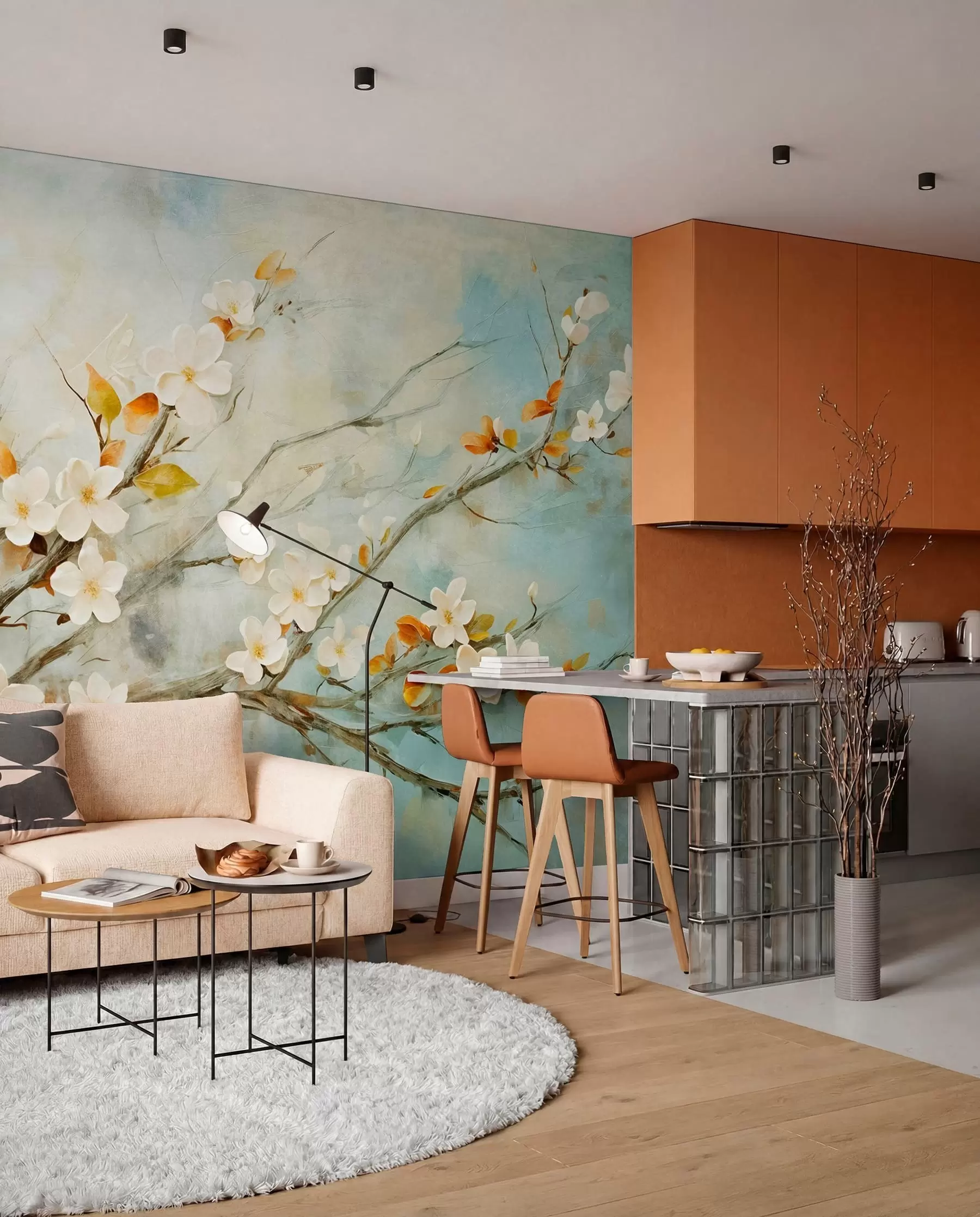 murais de parede Flores de cerejeira brancas em ramos sobre um fundo azul e verde suave em estilo de pintura a óleo w08444