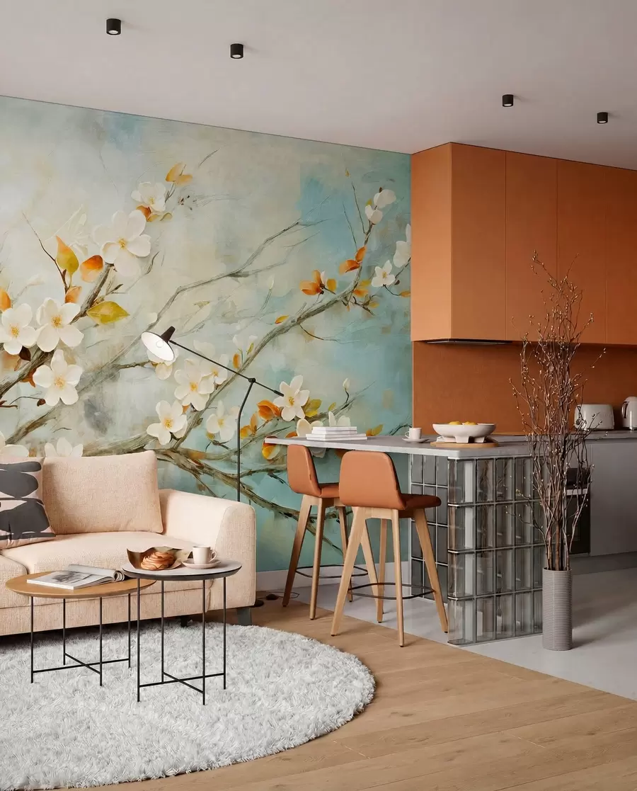 murais de parede Flores de cerejeira brancas em ramos sobre um fundo azul e verde suave em estilo de pintura a óleo w08444