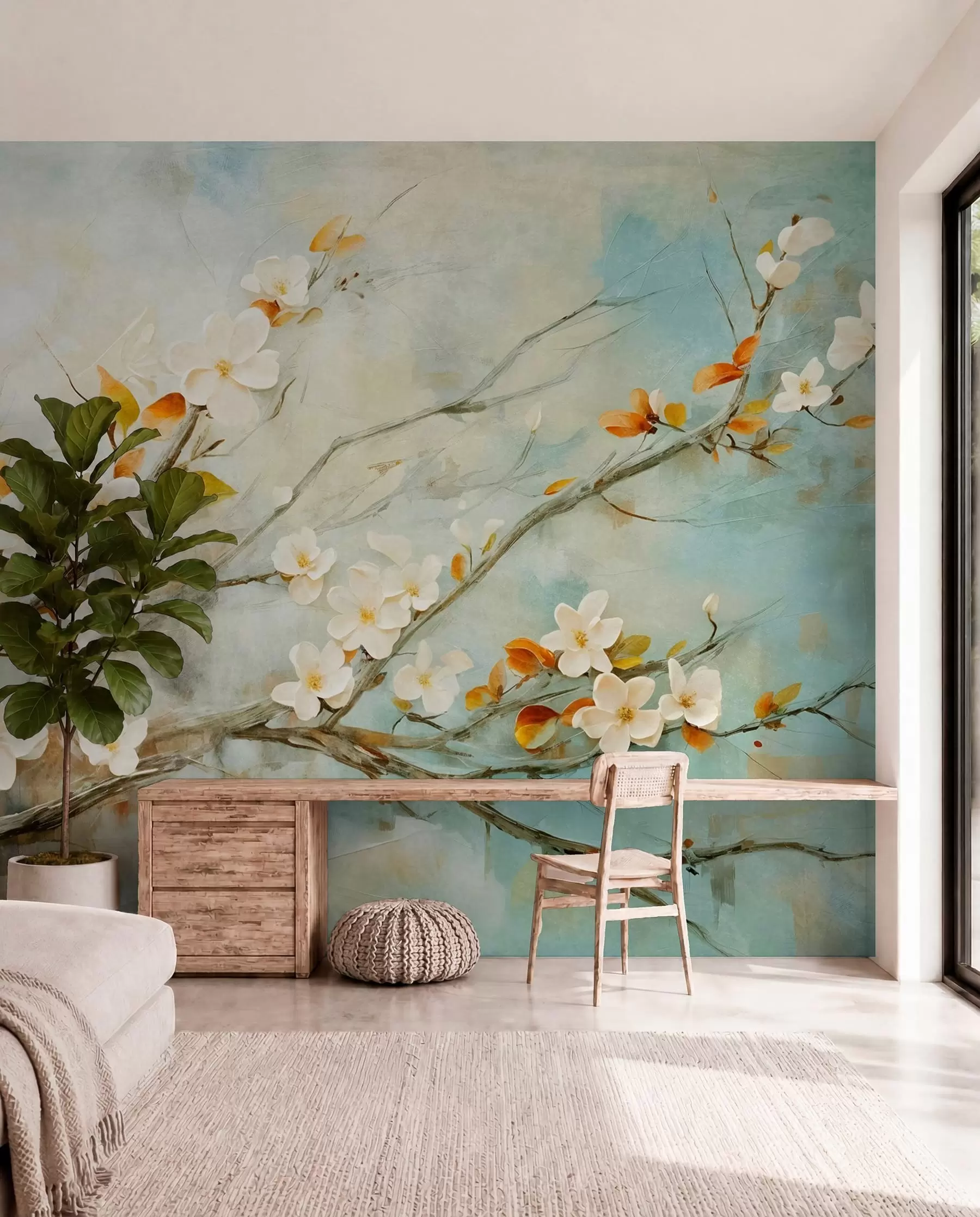 murais de parede Flores de cerejeira brancas em ramos sobre um fundo azul e verde suave em estilo de pintura a óleo w08444