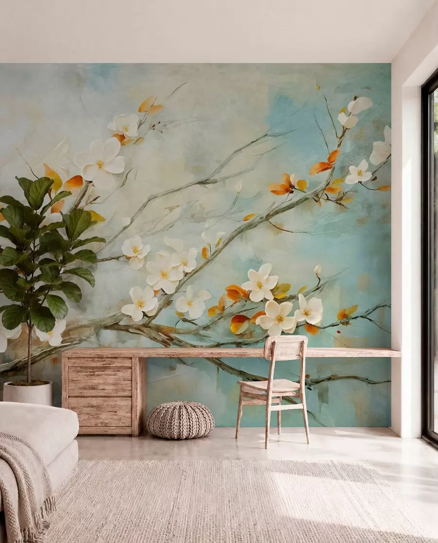 murais de parede Flores de cerejeira brancas em ramos sobre um fundo azul e verde suave em estilo de pintura a óleo w08444