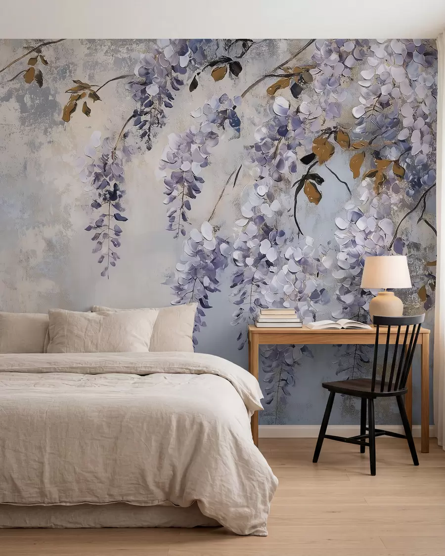 murais de parede papel de parede texturado em cores suaves e discretas com delicadas flores e ramos de glicínias w02451