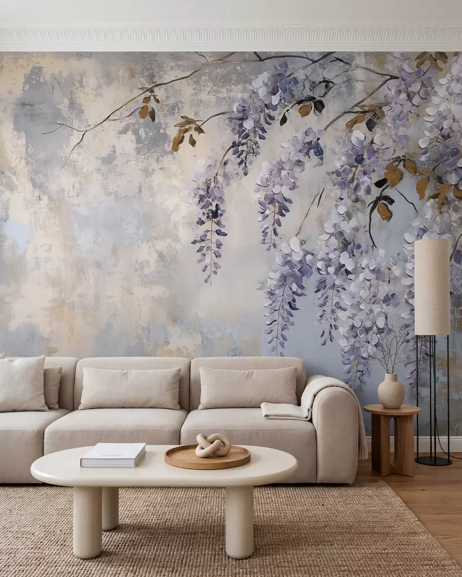 murais de parede papel de parede texturado em cores suaves e discretas com delicadas flores e ramos de glicínias w02451