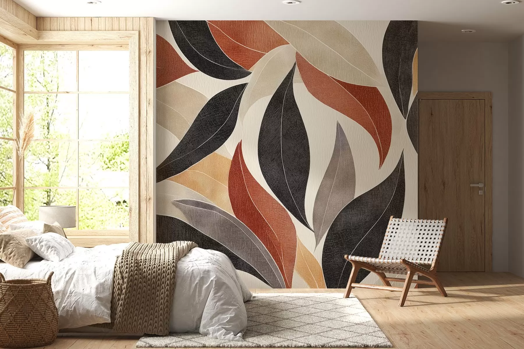 murais de parede folhas abstractas numa paleta de tons terra - bege, terracota e cinzento escuro w02452