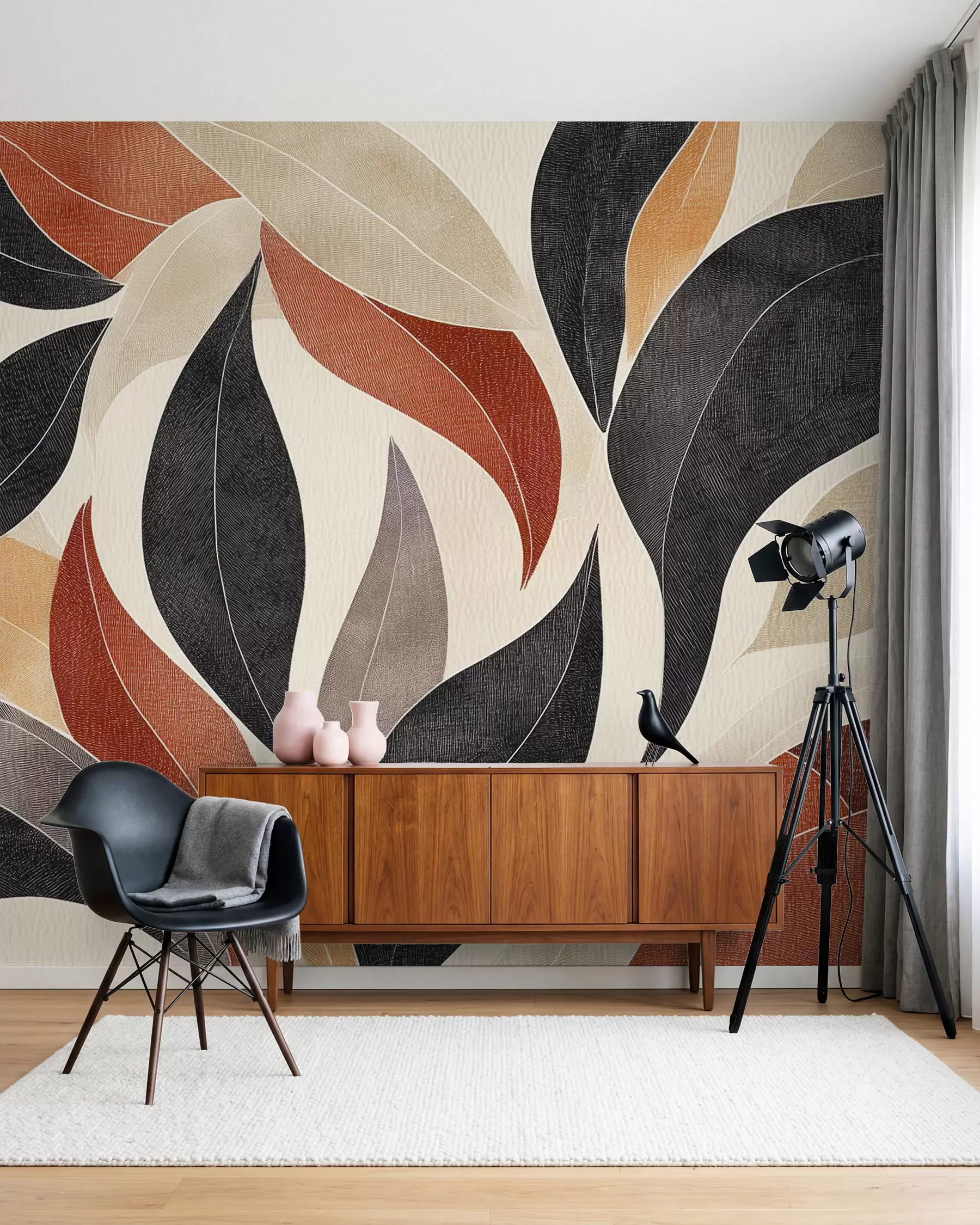 murais de parede folhas abstractas numa paleta de tons terra - bege, terracota e cinzento escuro w02452