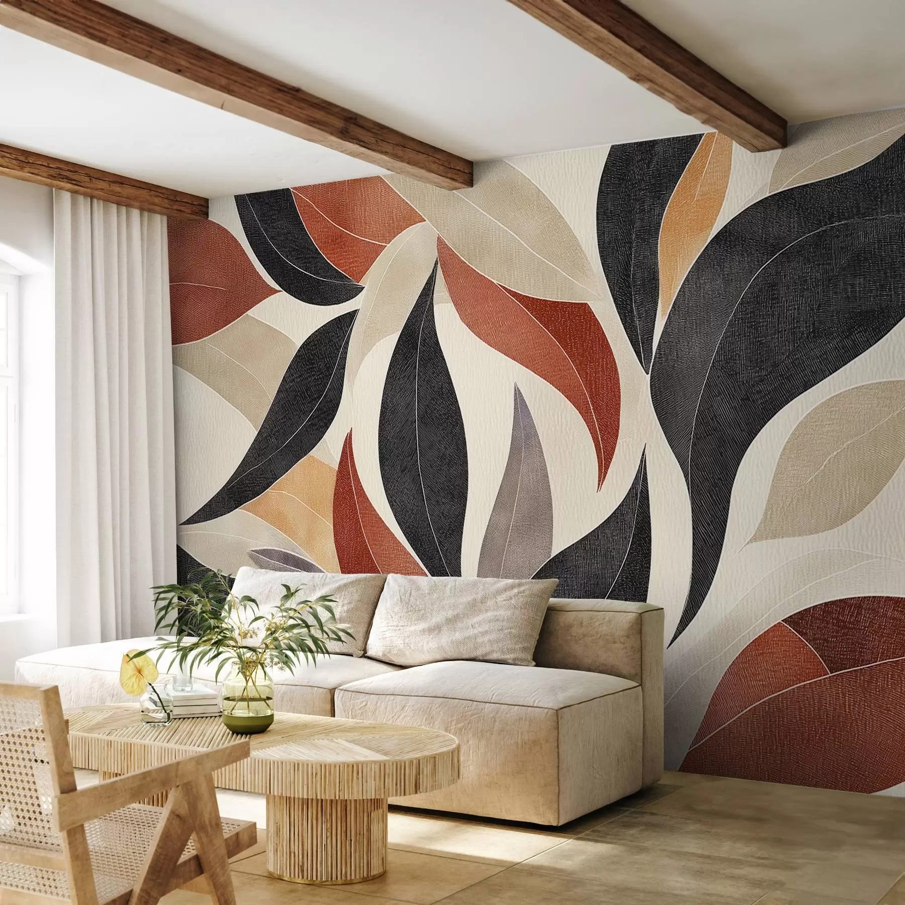 murais de parede folhas abstractas numa paleta de tons terra - bege, terracota e cinzento escuro w02452