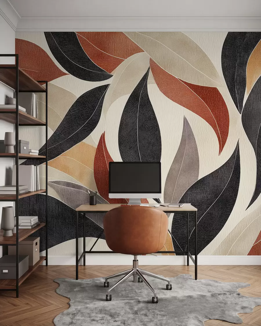 murais de parede folhas abstractas numa paleta de tons terra - bege, terracota e cinzento escuro w02452
