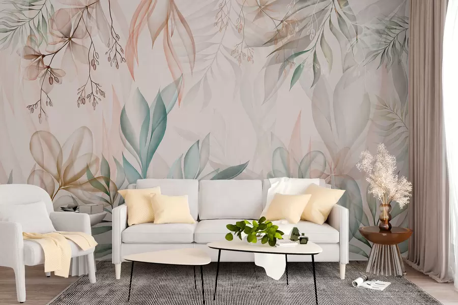 murais de parede Delicada folhagem tropical em tons pastel w02316