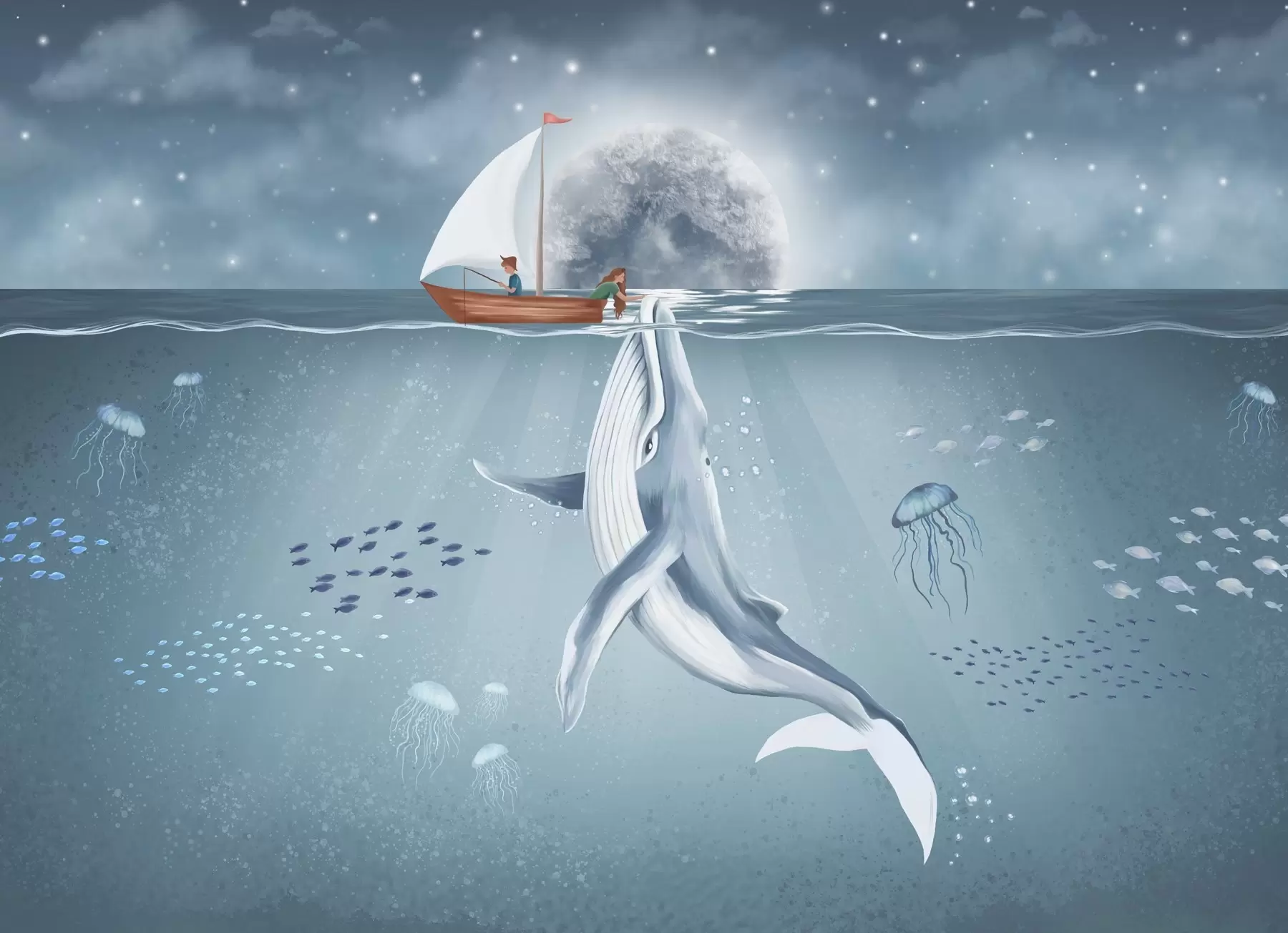 murais de parede Desenho infantil com baleia, lua e barco com crianças w02476