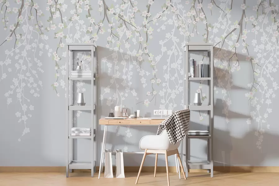 murais de parede Queda de ramos delicados com flores sobre um fundo azul w02479