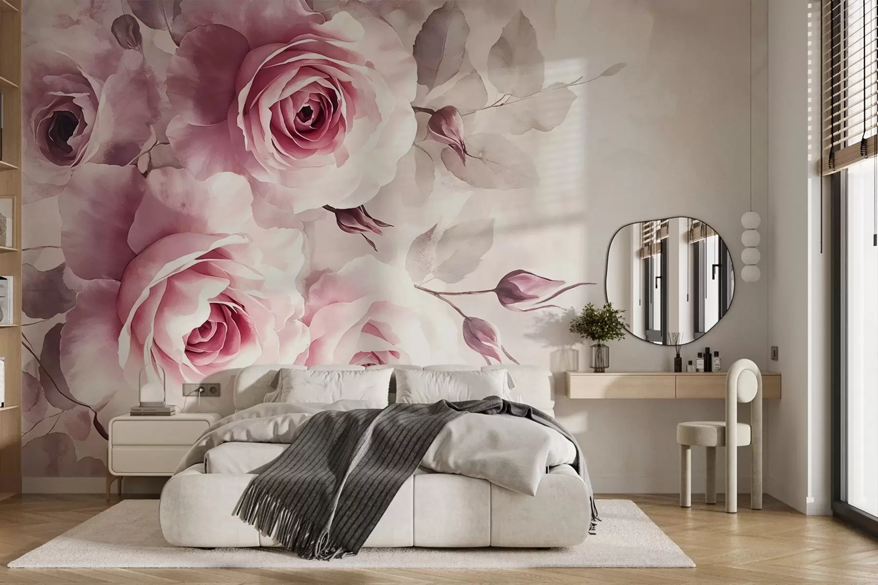 murais de parede Delicadas rosas e folhas cor-de-rosa pastel com fundo suave e desfocado a imitar aguarela w08459