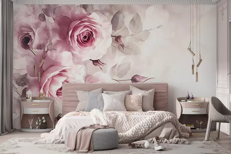 murais de parede Delicadas rosas e folhas cor-de-rosa pastel com fundo suave e desfocado a imitar aguarela w08459