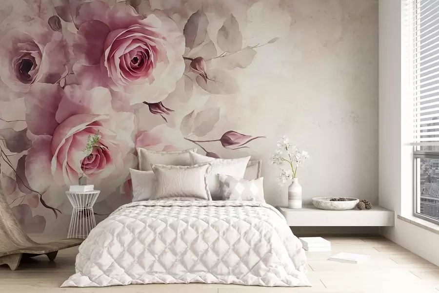 murais de parede Delicadas rosas e folhas cor-de-rosa pastel com fundo suave e desfocado a imitar aguarela w08459