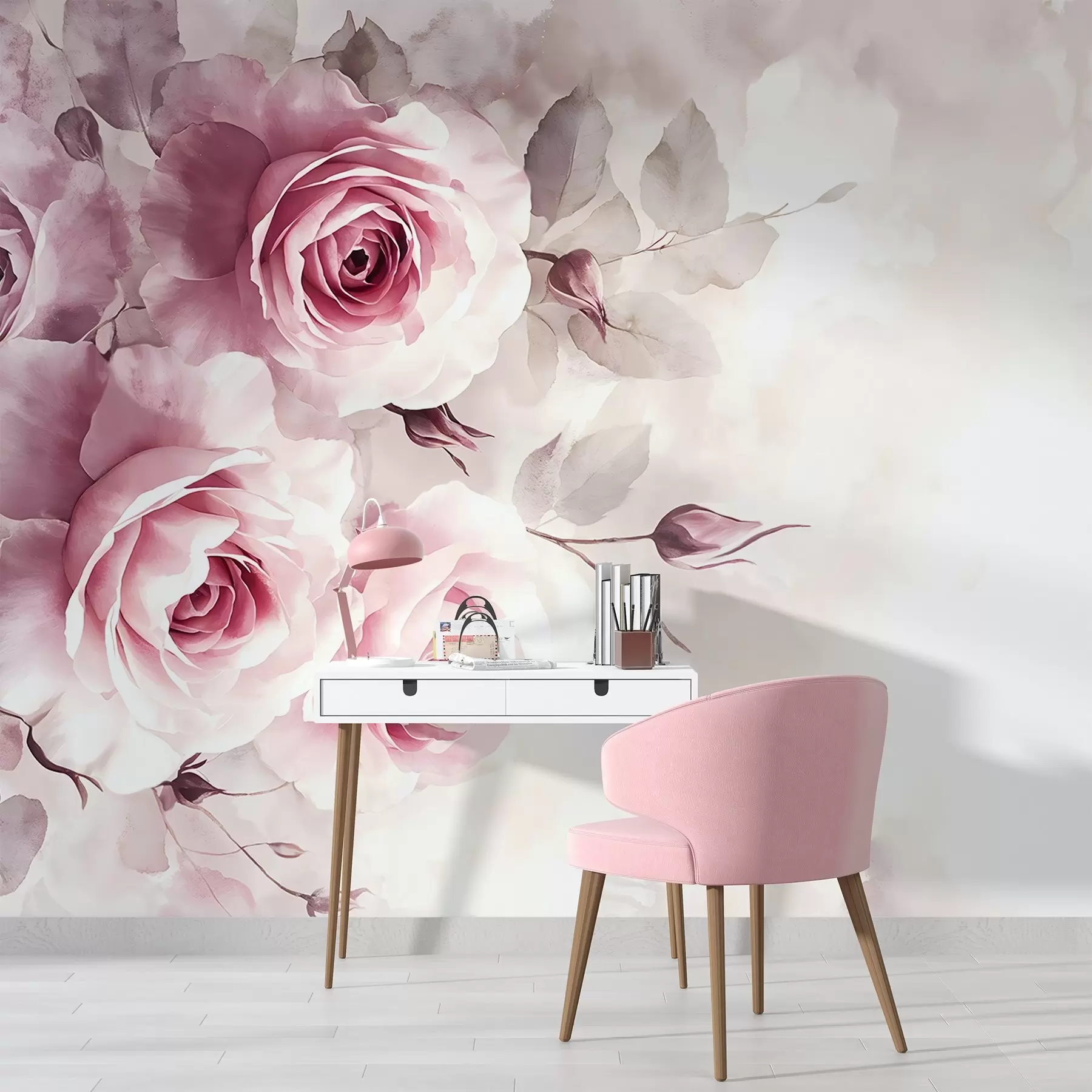 murais de parede Delicadas rosas e folhas cor-de-rosa pastel com fundo suave e desfocado a imitar aguarela w08459