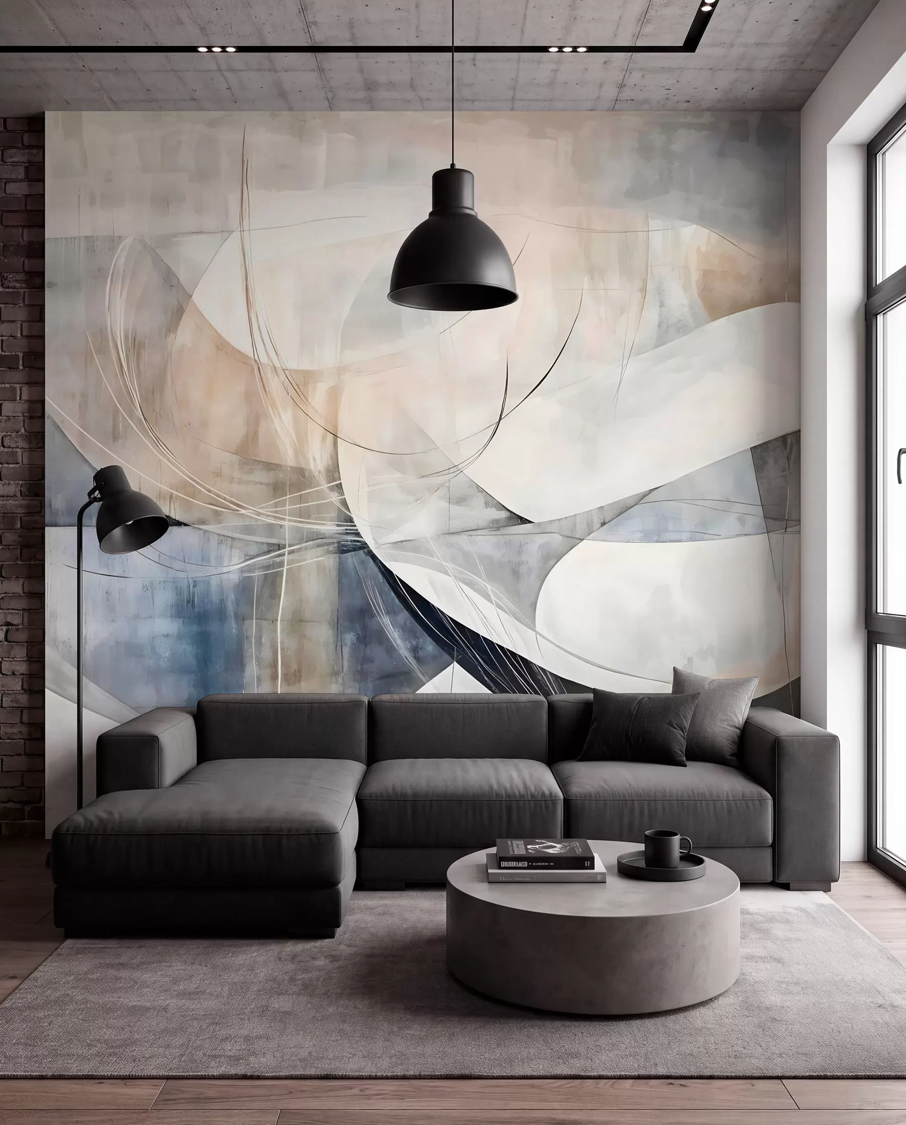 murais de parede Formas abstractas e formas em tons de branco, cinzento, bege e azul sobre um fundo texturado esbatido w08461
