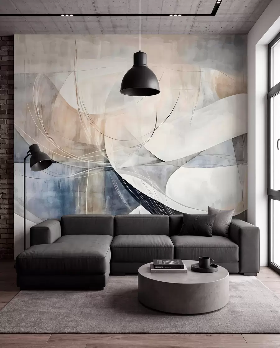 murais de parede Formas abstractas e formas em tons de branco, cinzento, bege e azul sobre um fundo texturado esbatido w08461