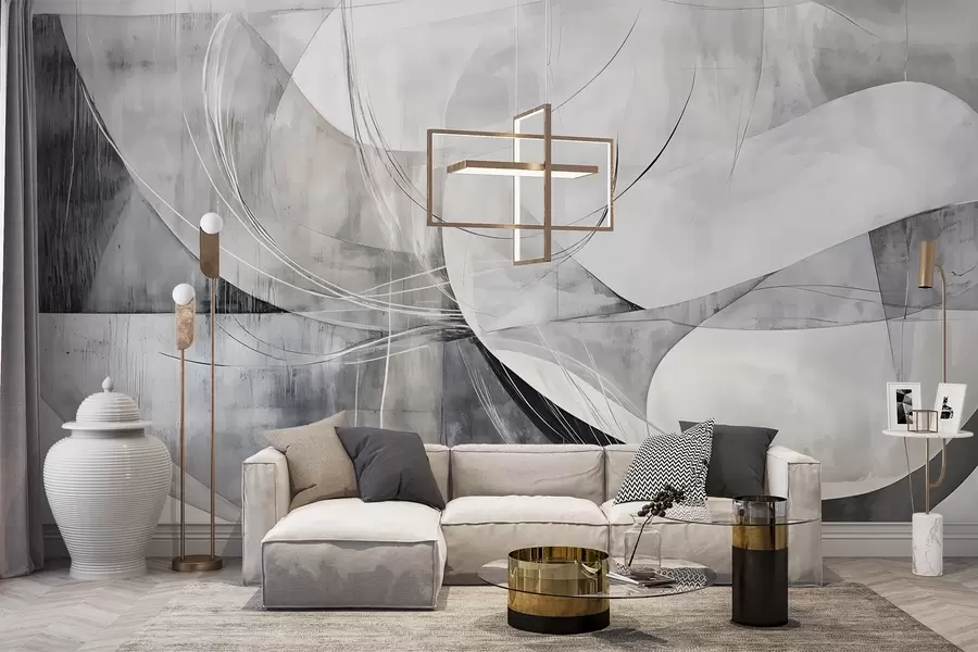 murais de parede Formas abstractas e formas em tons de branco, cinzento e preto sobre um fundo texturado esbatido w08461v1