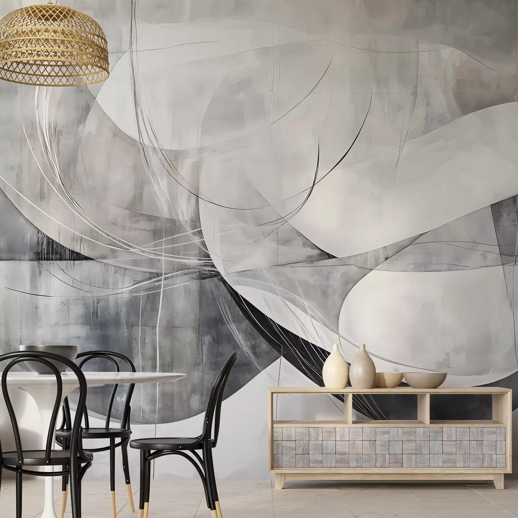 murais de parede Formas abstractas e formas em tons de branco, cinzento e preto sobre um fundo texturado esbatido w08461v1
