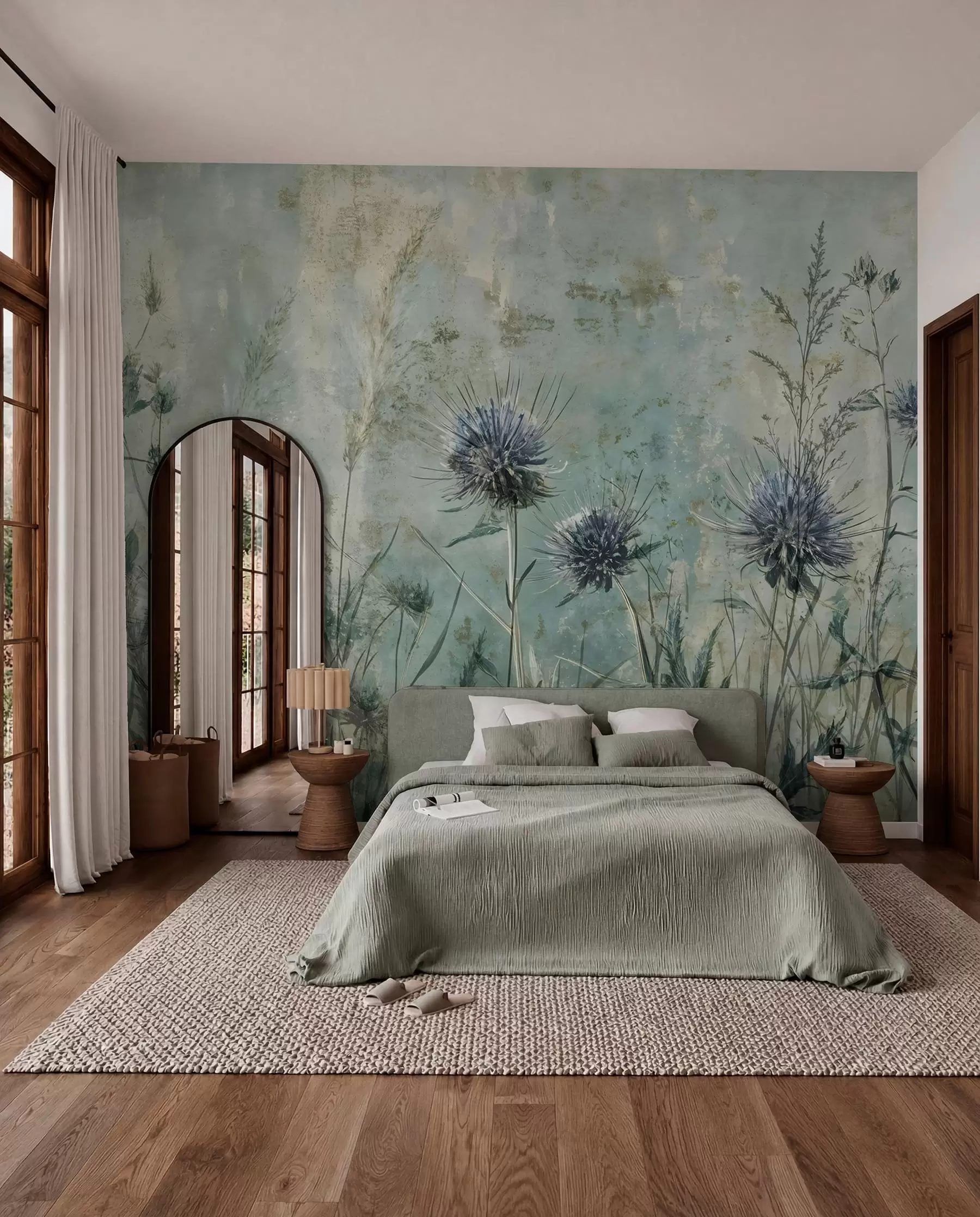 murais de parede Um campo de flores de cardo roxo com flores e folhagem esbatidas num fundo textural vintage w08463