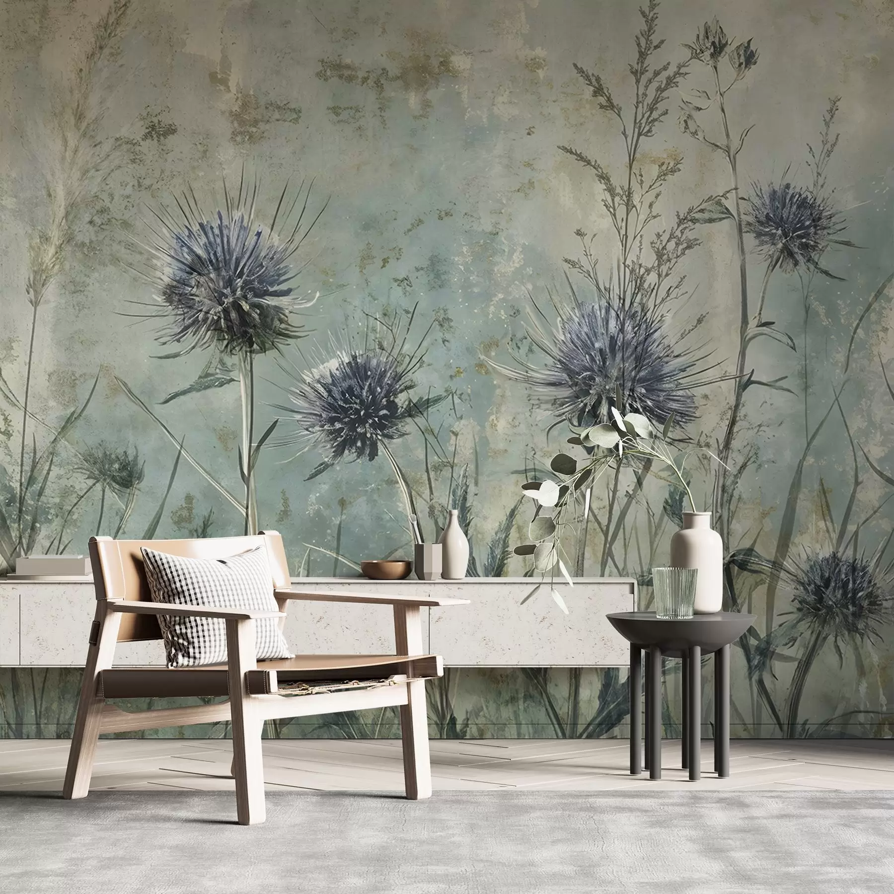 murais de parede Um campo de flores de cardo roxo com flores e folhagem esbatidas num fundo textural vintage w08463