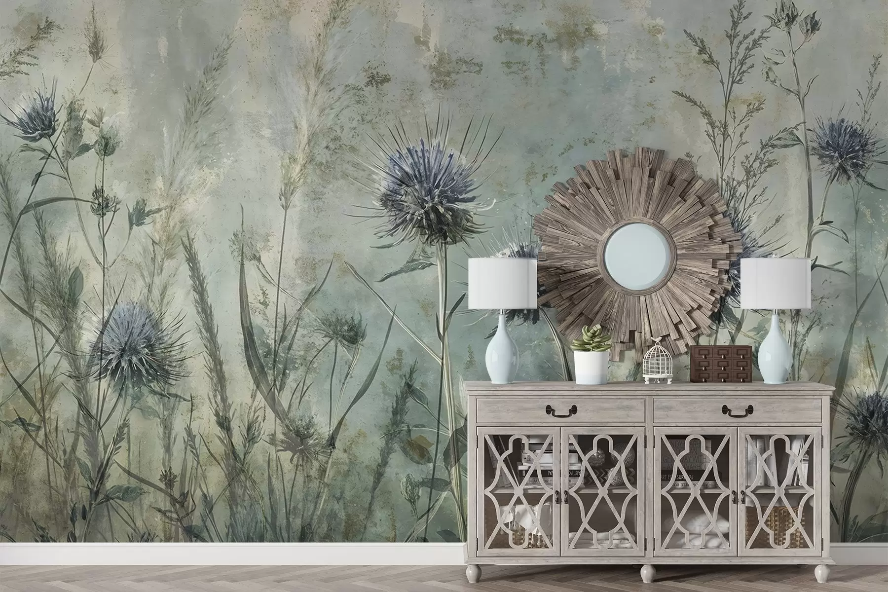 murais de parede Um campo de flores de cardo roxo com flores e folhagem esbatidas num fundo textural vintage w08463