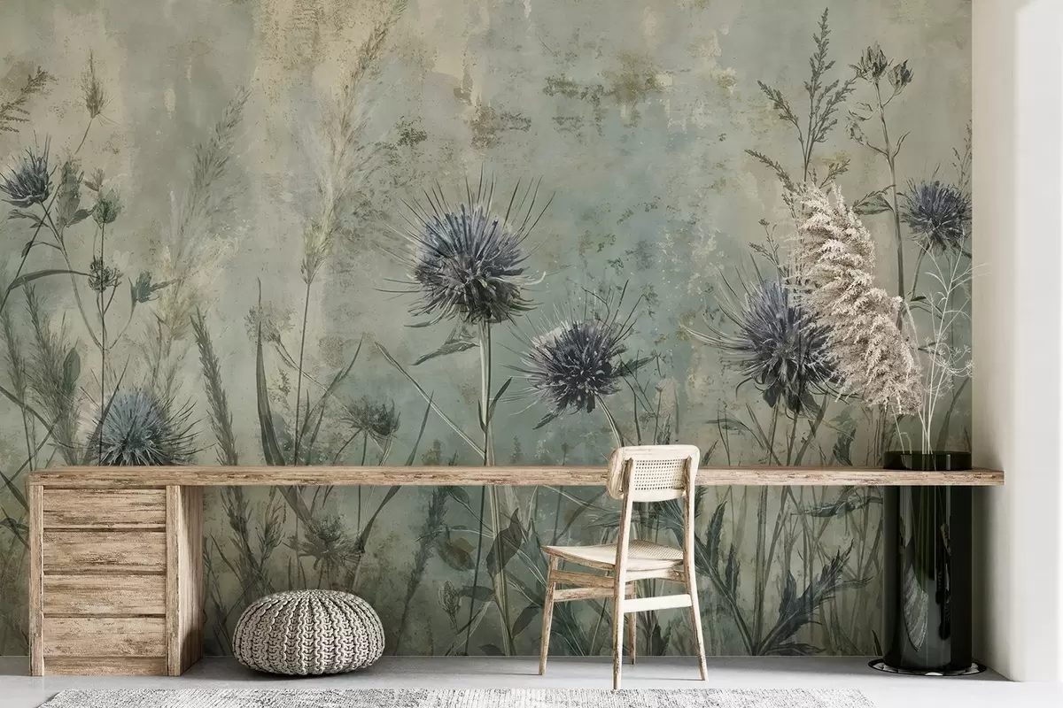 murais de parede Um campo de flores de cardo roxo com flores e folhagem esbatidas num fundo textural vintage w08463